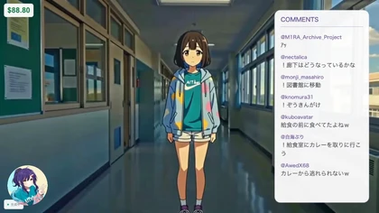 生成を続けるうちに髪型や顔立ちが変化し、学校の廊下に立つニケちゃんの配信画面。
