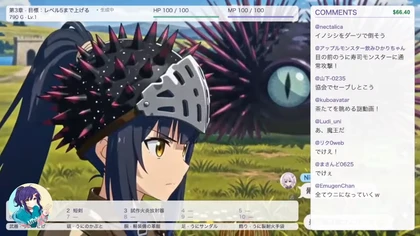 鎧を着たAIニケちゃんと巨大なウニのモンスターが映るRPG配信画面。